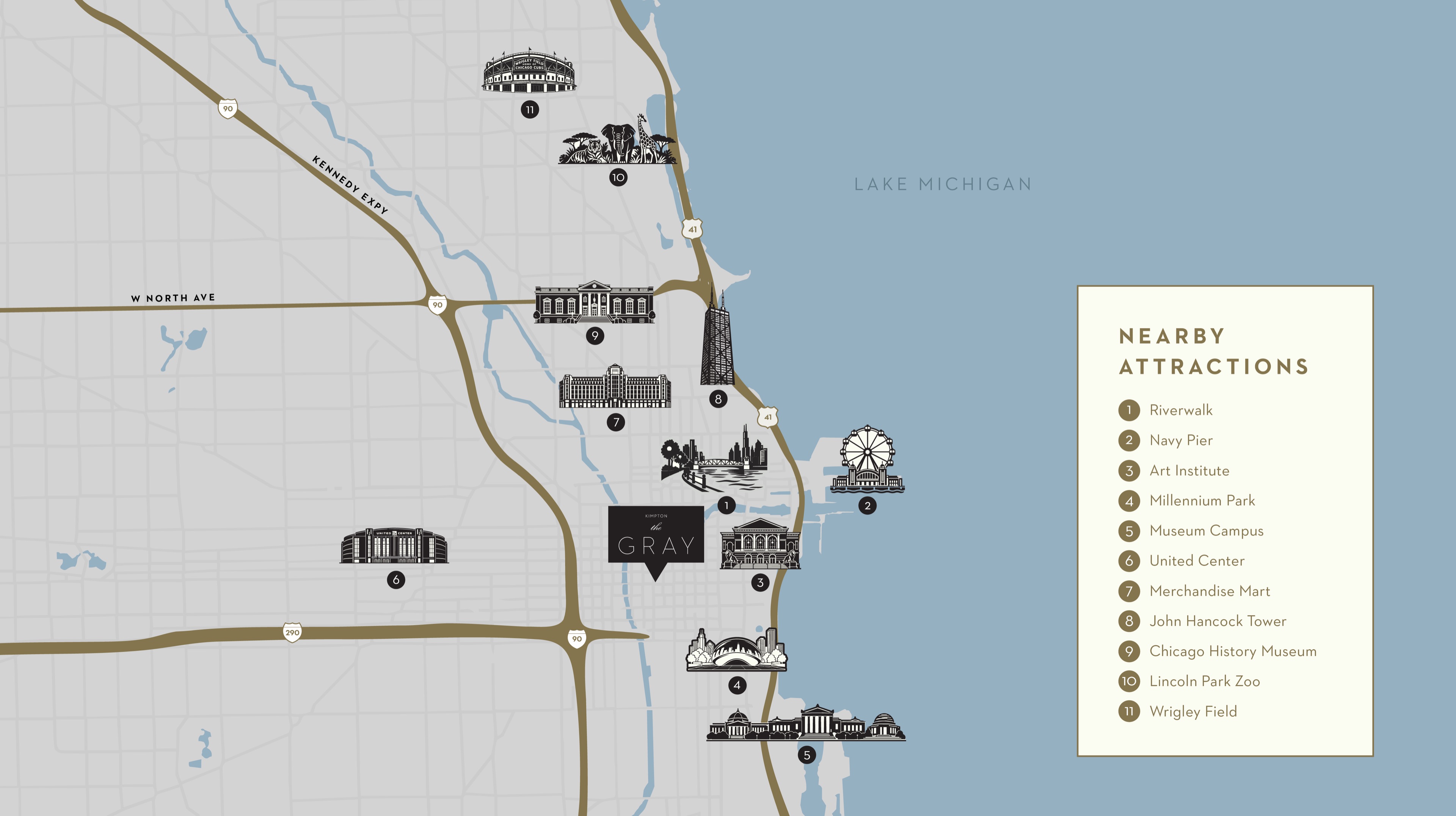 Map of downtown Chicago showing Kimpton Gray Hotel and nearby attractions: Riverwalk, Navy Pier, Art Institute, Millennium Park, Museum Campus, United Center, Merchandise Mart, John Hancock Tower, Chicago History Museum, Lincoln Park Zoo, and Wrigley Field.