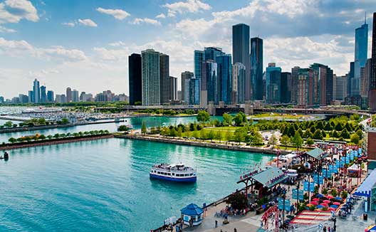 Chicago skyline and Navy Pier along Lake Michigan